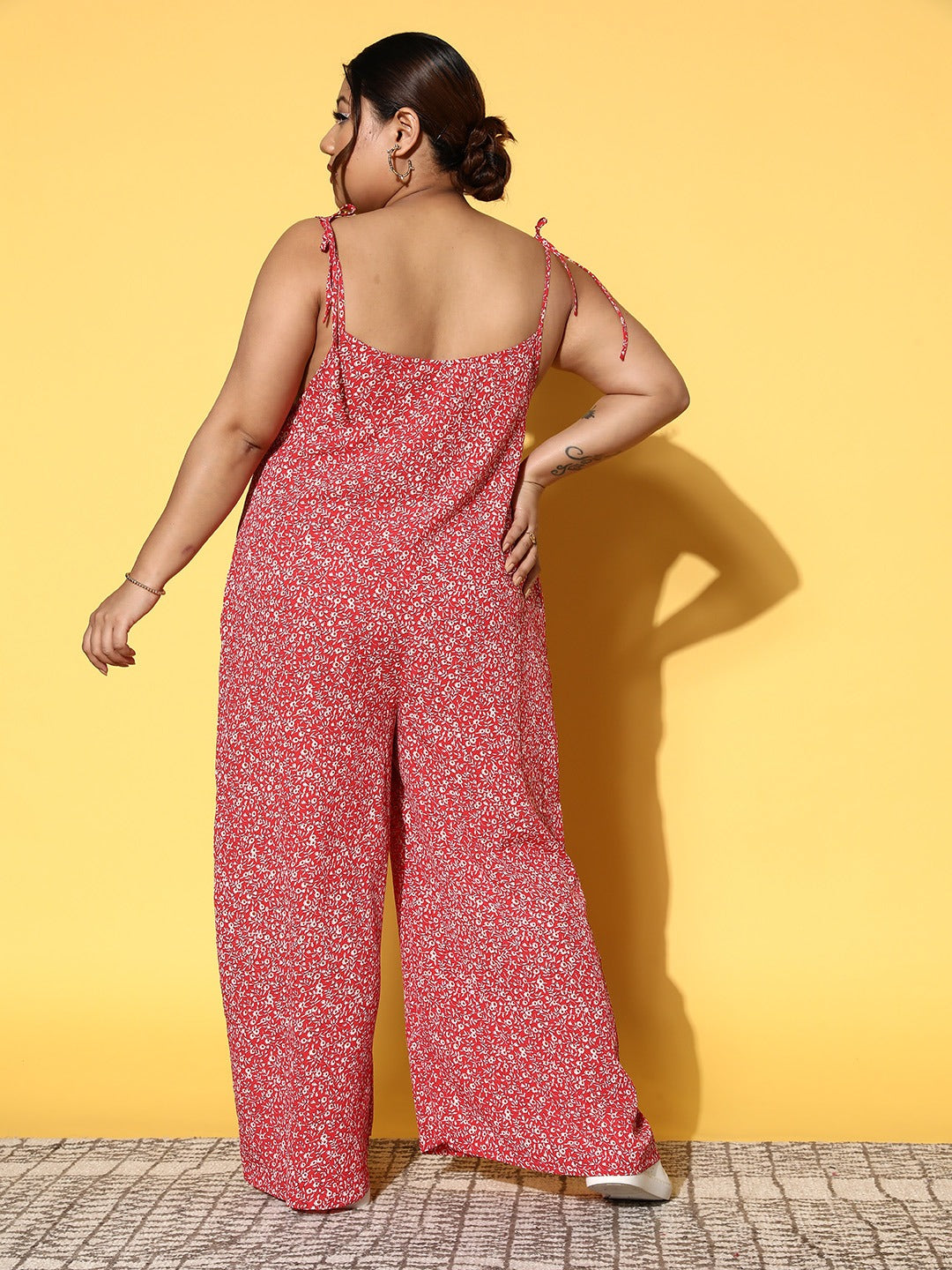Berrylush Women Plus Size Red & White Floral Printed Round Neck Tie-Up  Straps Polyester Regular Basic Jumpsuit
