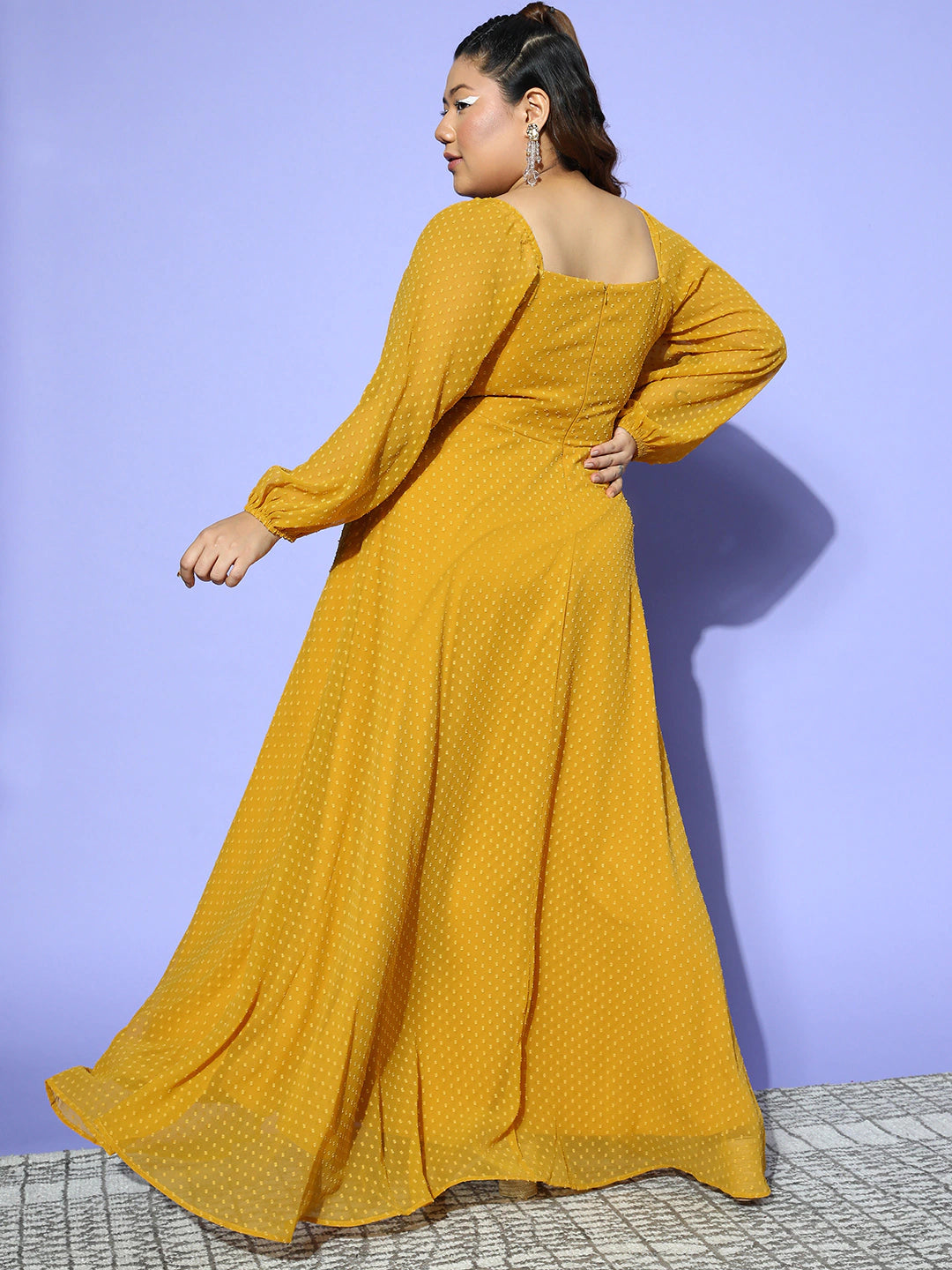 Women Plus Size Solid Mustard Yellow Dobby Weave Square Neck Thigh-High ...