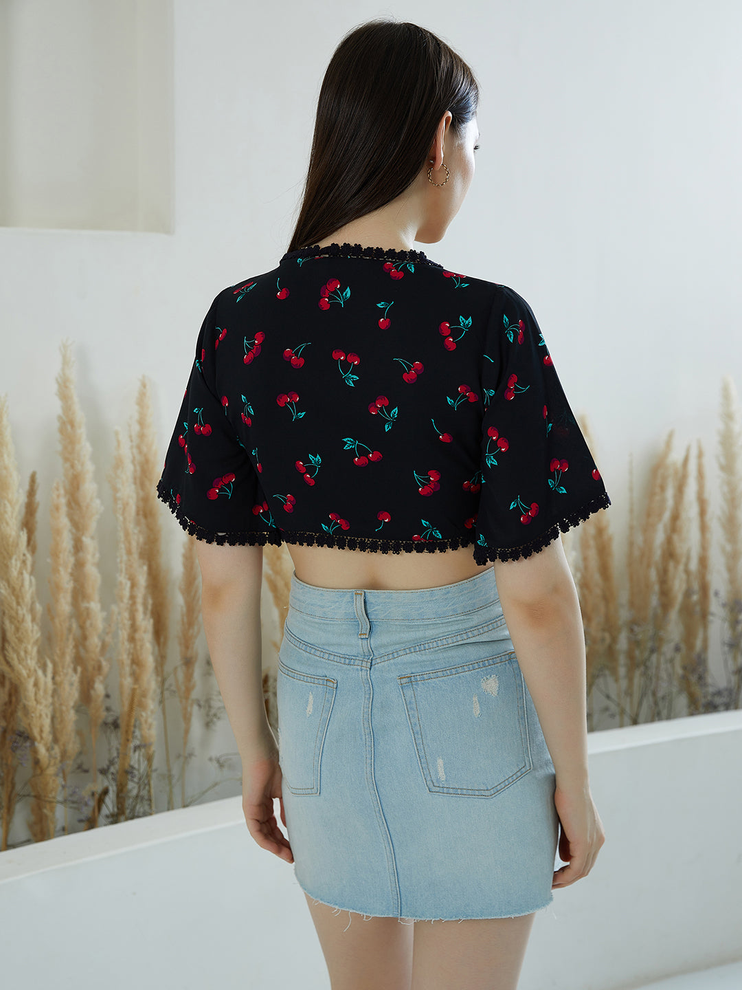 Berrylush Women Black & Red Cherry Printed V-Neck Lace Waist Tie-Up Shirt-Styled Crop Top