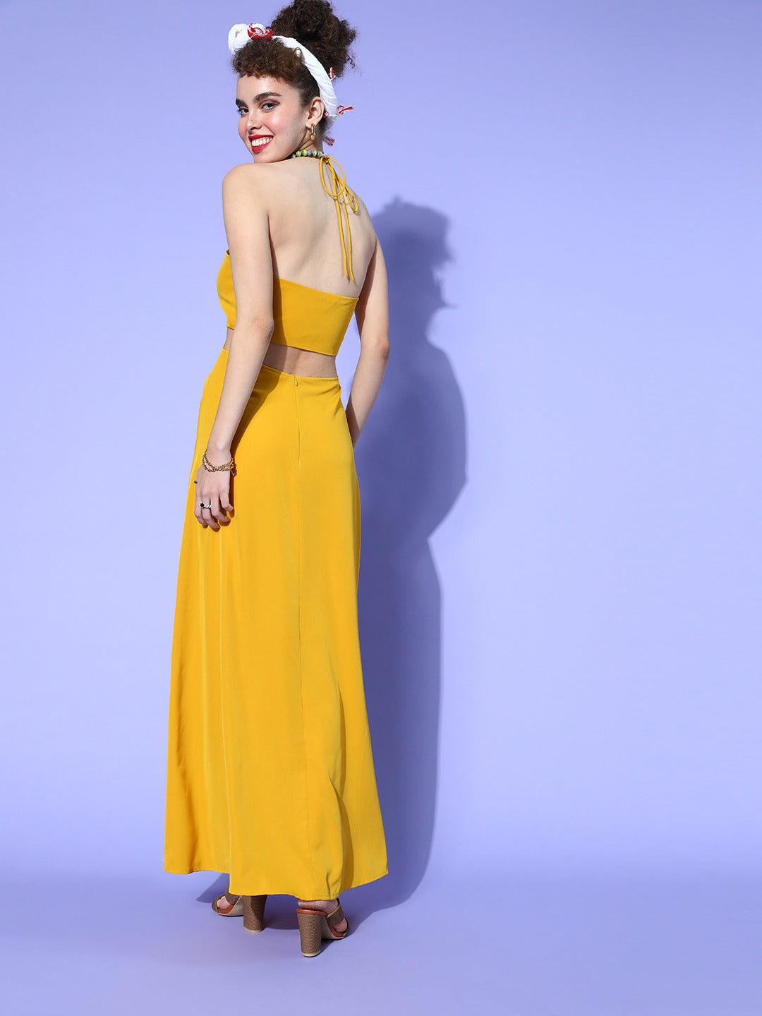 Berrylush Women Solid Mustard Yellow Halter Neck Front Cutout Crepe Flared Maxi Dress