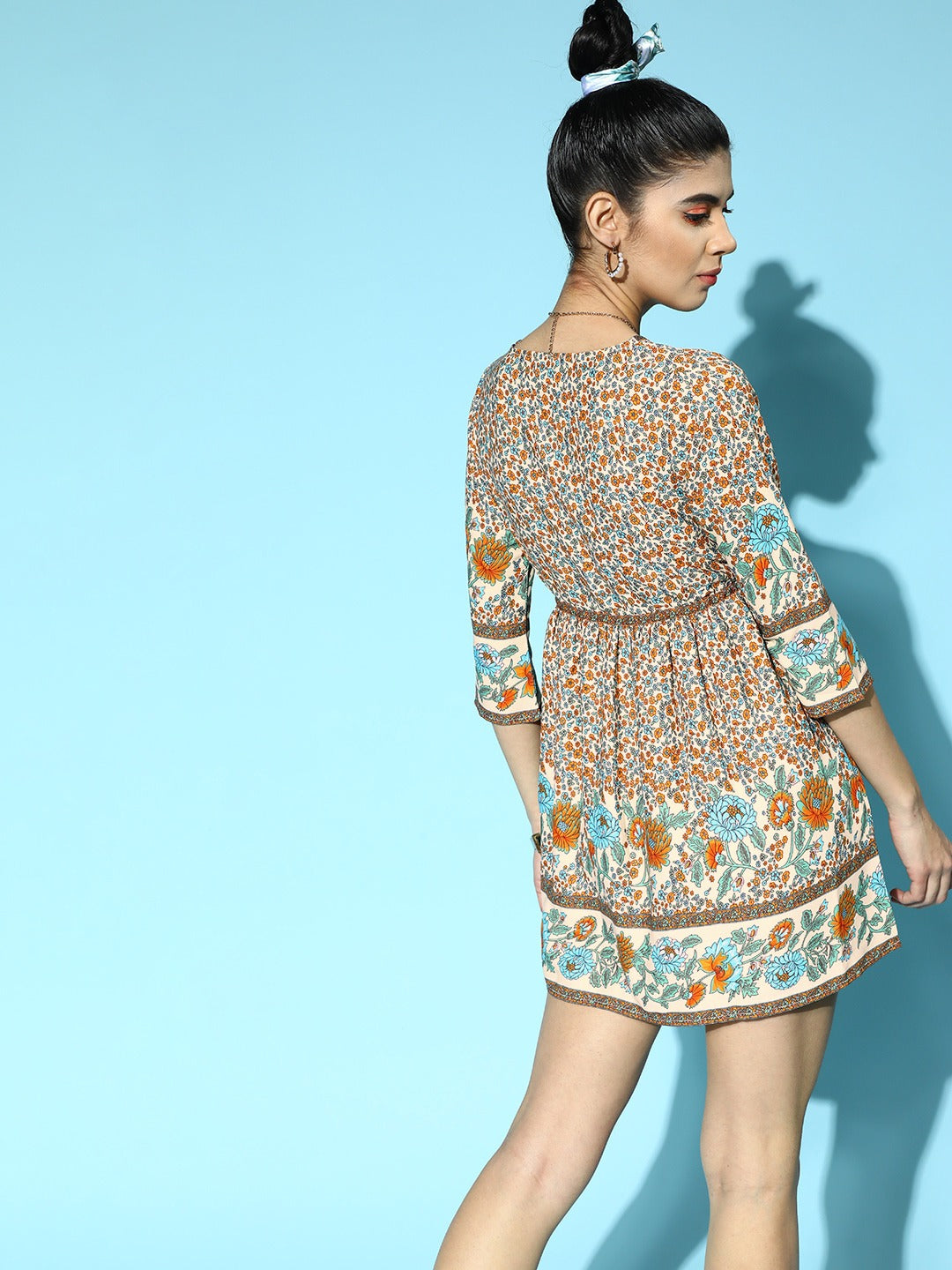 Berrylush Women Off-White & Orange Floral Printed V-Neck Drawstring Waist Flared A-Line Mini Dress