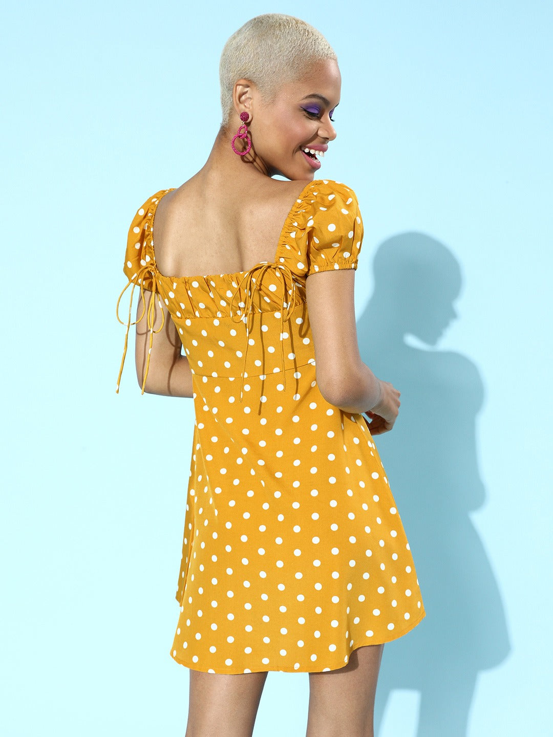 Berrylush Women Yellow & White Polka Dot Printed Sweetheart Neck Ruched A-Line Mini Dress