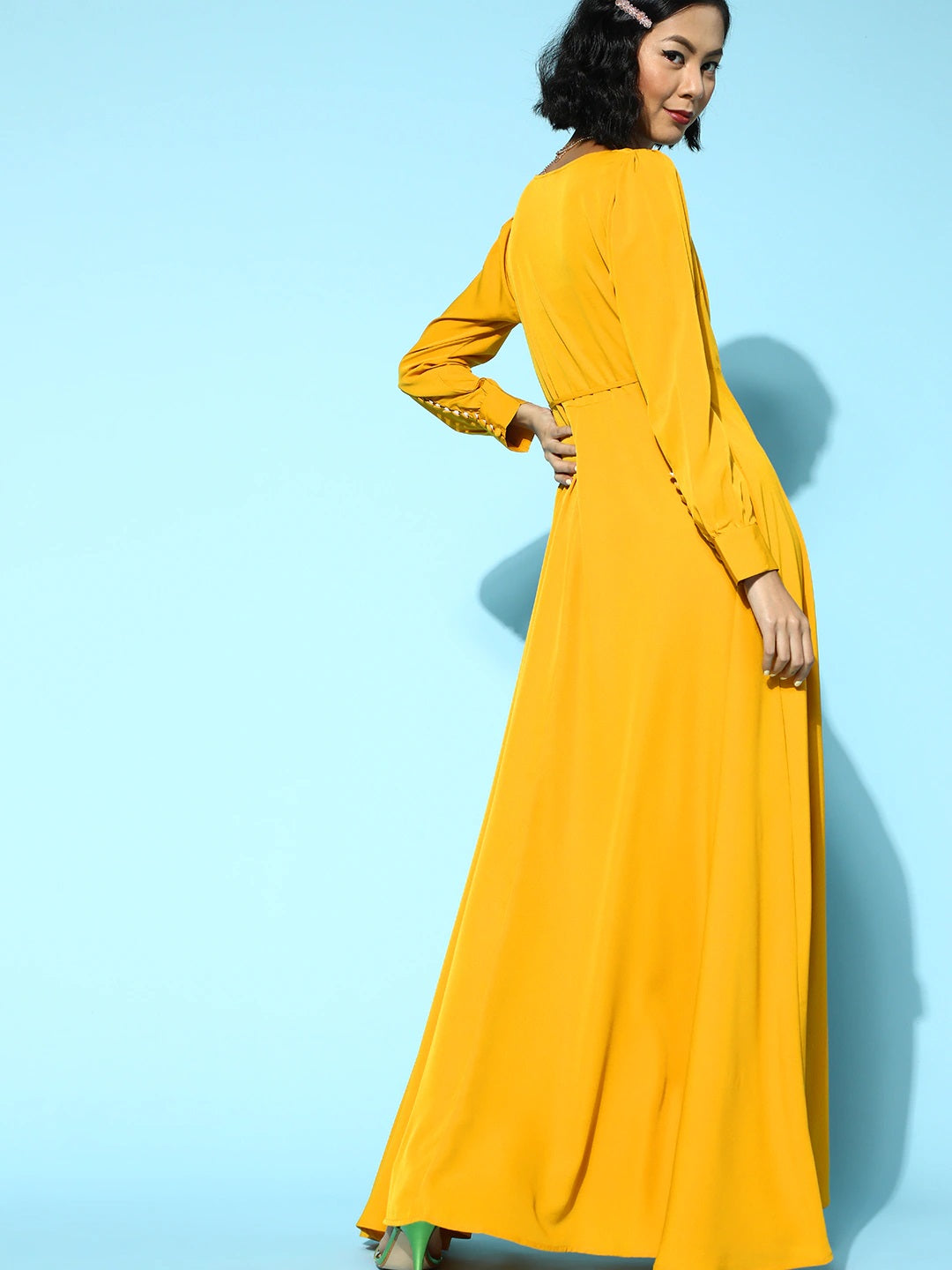 Berrylush Women Solid Yellow V-Neck Waist Tie-Up Thigh-High Slit Flared Maxi Dress