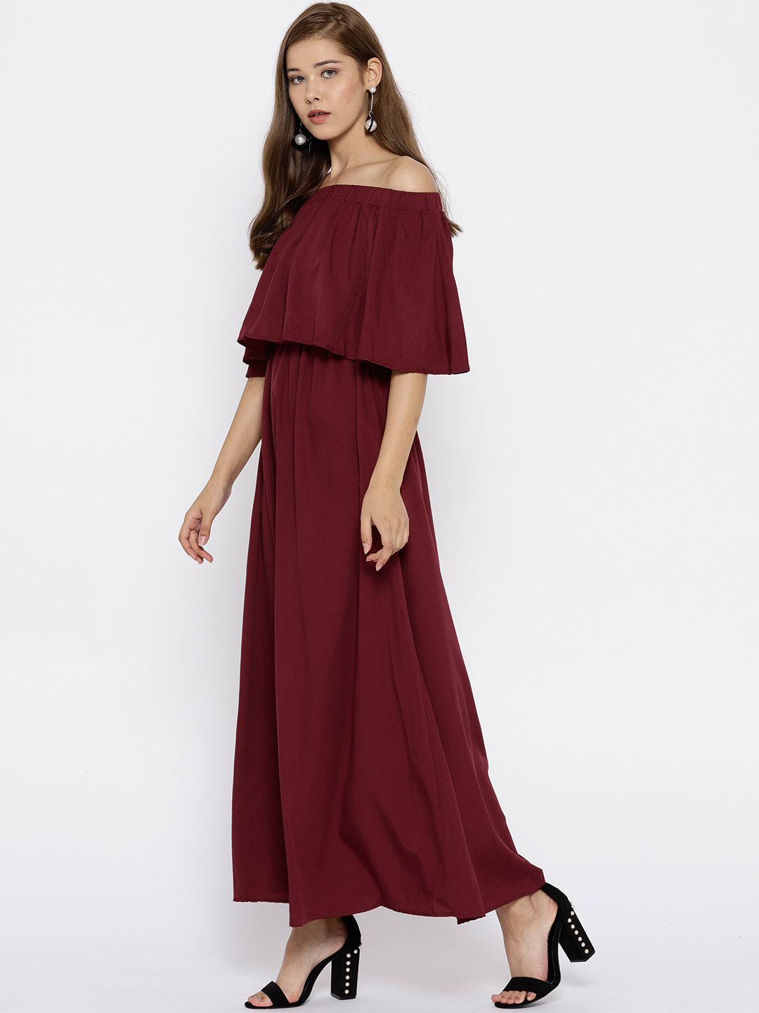 Maroon Solid Off-Shoulder Layered Maxi Dress - Berrylush