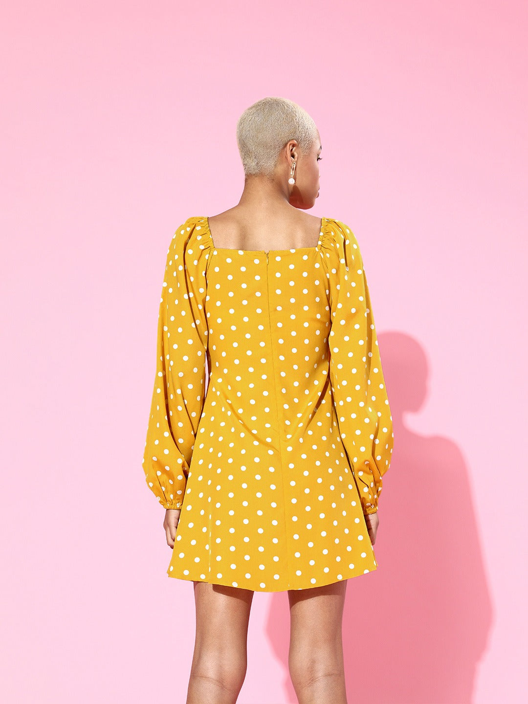 Berrylush Women Yellow Polka Dot Printed Tie-Up Sweetheart Neck Flared A-Line Mini Dress
