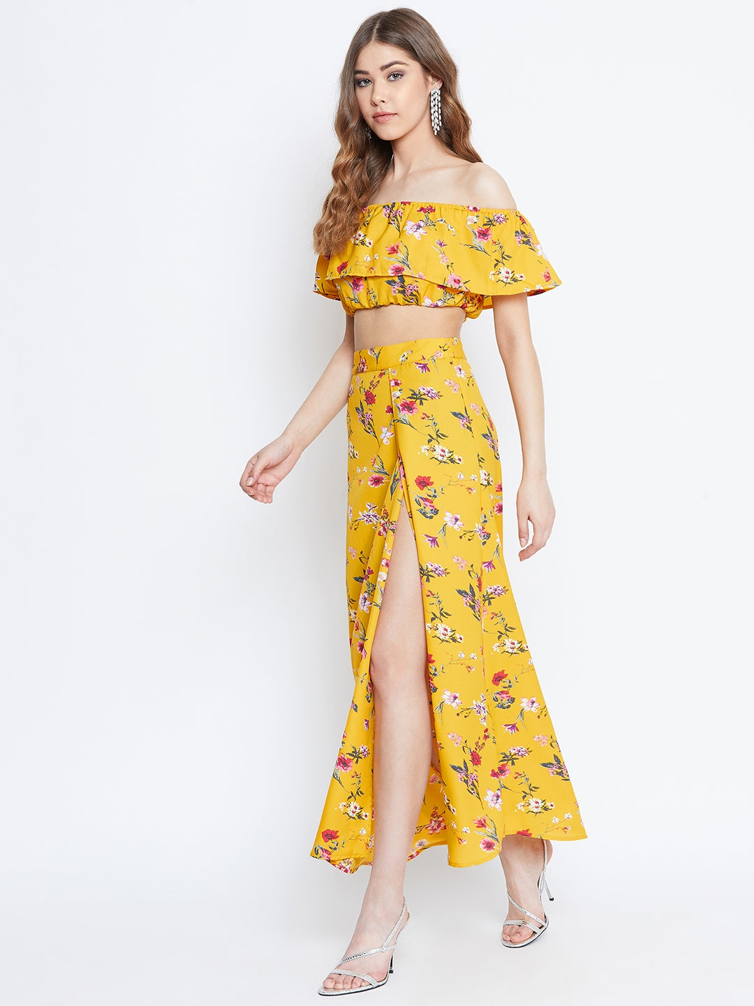 Berrylush Women Yellow Floral Printed Off-Shoulder Co-Ordinate Maxi Dress