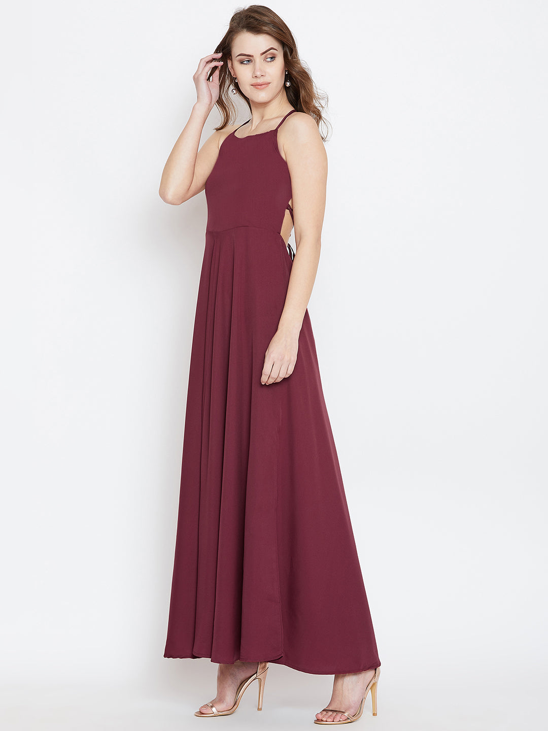 Maroon Solid Maxi Dress - Berrylush