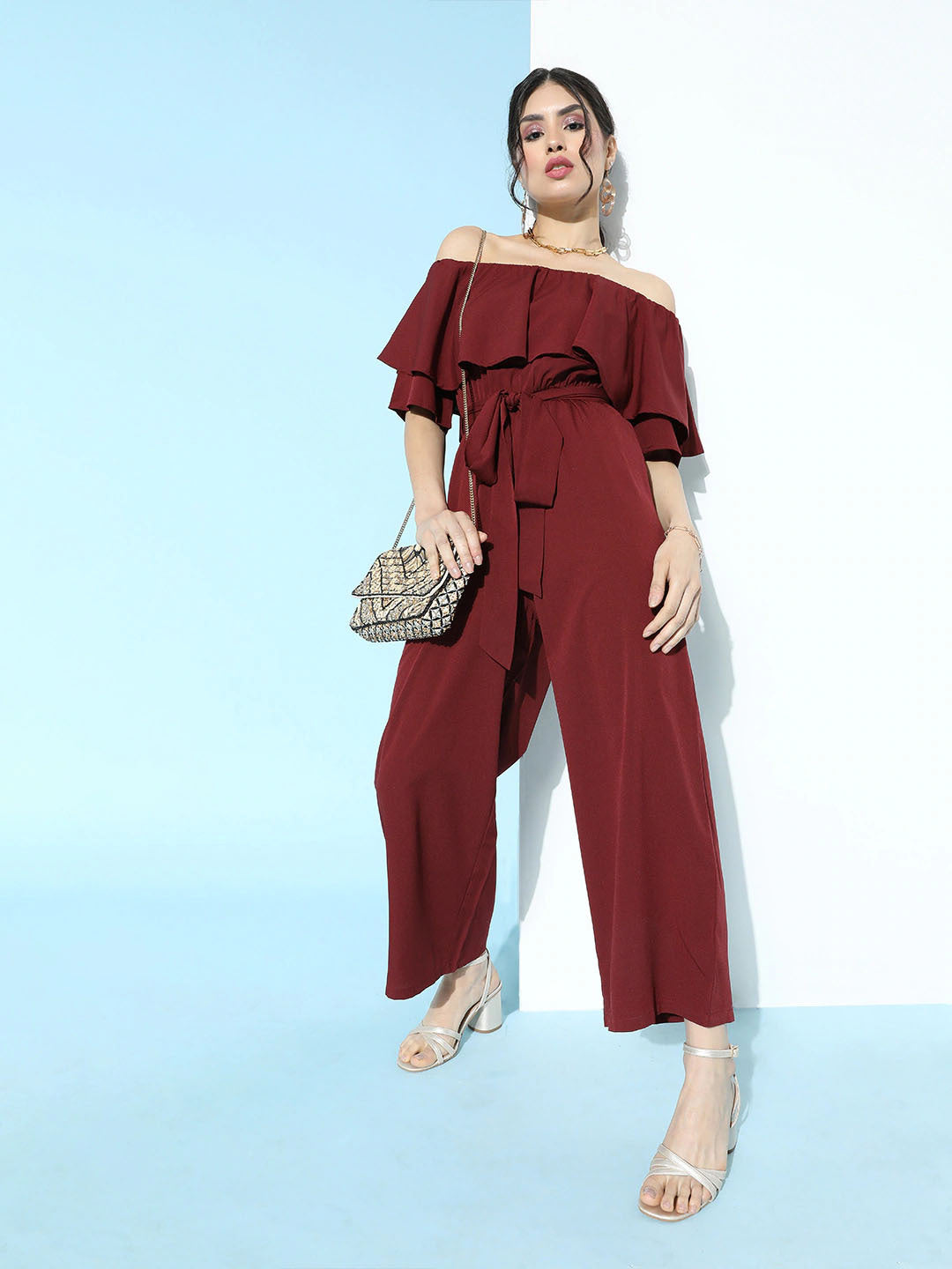 Berrylush Women Solid Maroon Off Shoulder Culotte Jumpsuit