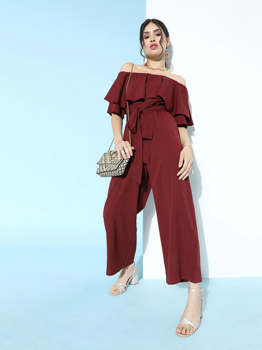 Berrylush Women Solid Maroon Off Shoulder Culotte Jumpsuit