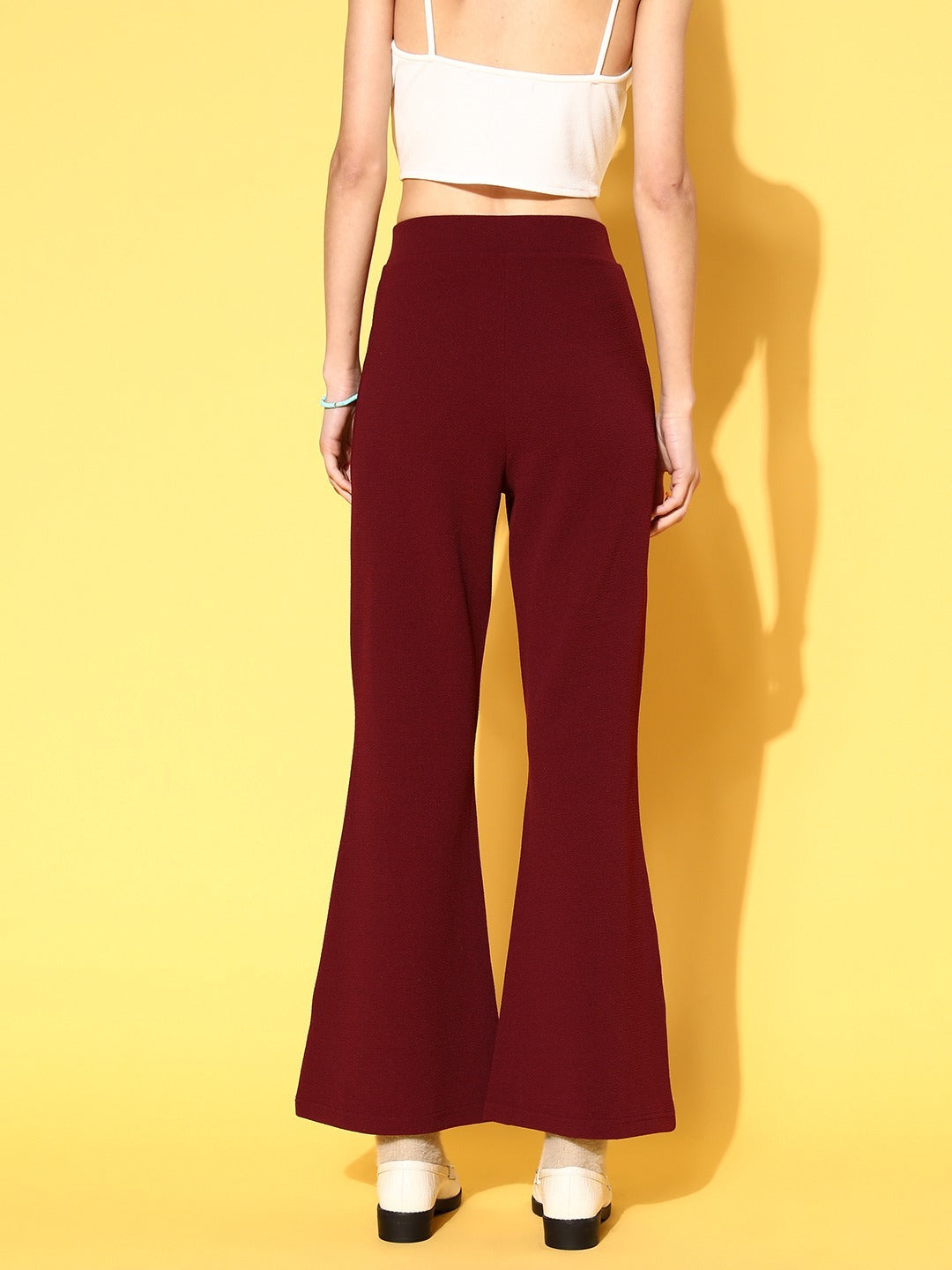 Berrylush Women Solid Maroon High-Rise Waist Slip-On Flared Regular Trousers