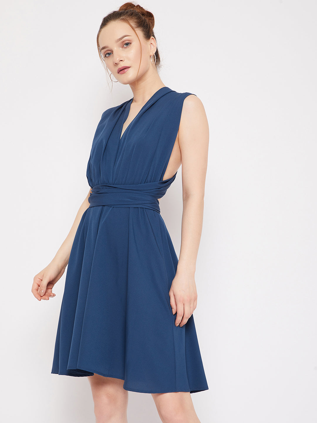Women Solid Blue V-Neck Criss-Cross Tie-Up Back Sleeveless Pleated A-Line Mini Dress - Berrylush Women Solid Blue V-Neck Criss-Cross Tie-Up Back Sleeveless Pleated A-Line Mini Dress - Berrylush