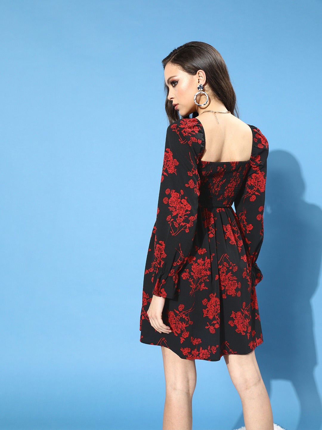 Berrylush Women Black & Red Floral Printed Crepe A-Line Midi Dress Berrylush Women Black & Red Floral Printed Crepe A-Line Midi Dress