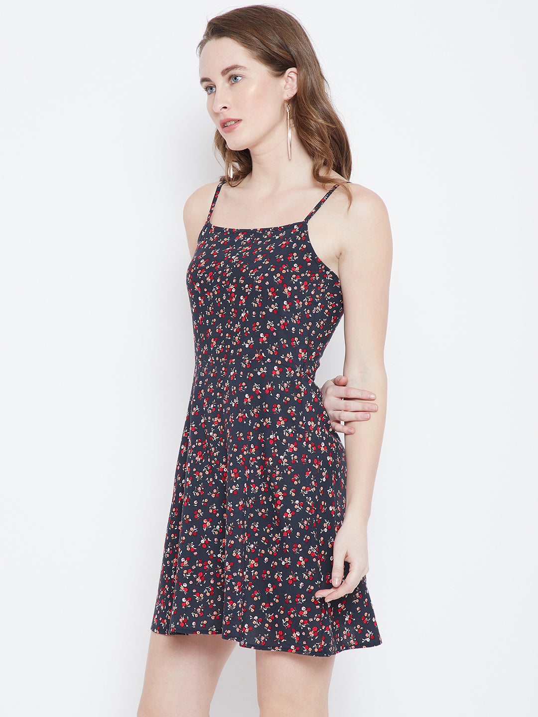 Navy Blue Printed Fit and Flare Dress - Berrylush