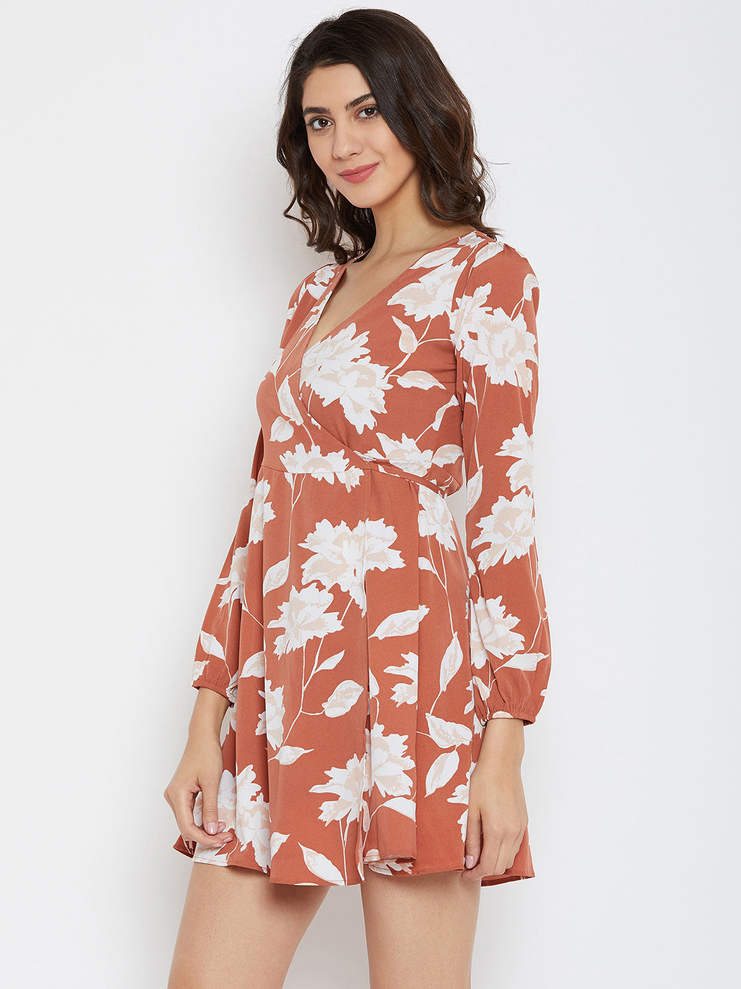 Brown Printed Wrap Dress - Berrylush