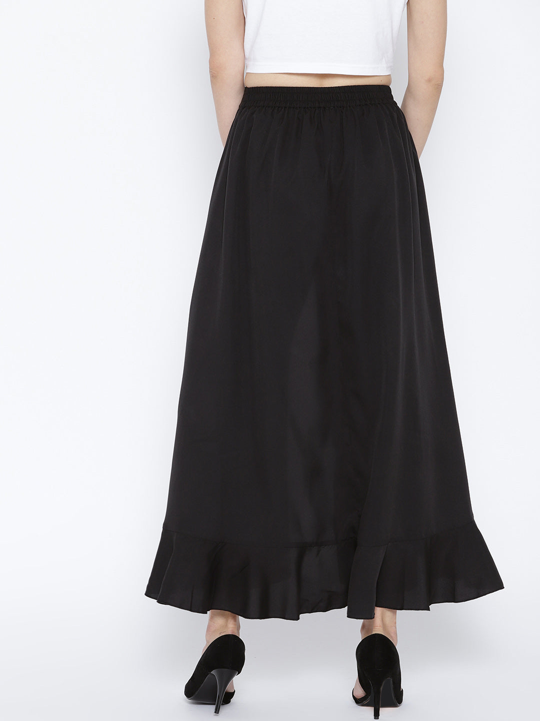 Black Solid Ruffled Flared Maxi Skirt with Attached Trousers - Berrylush