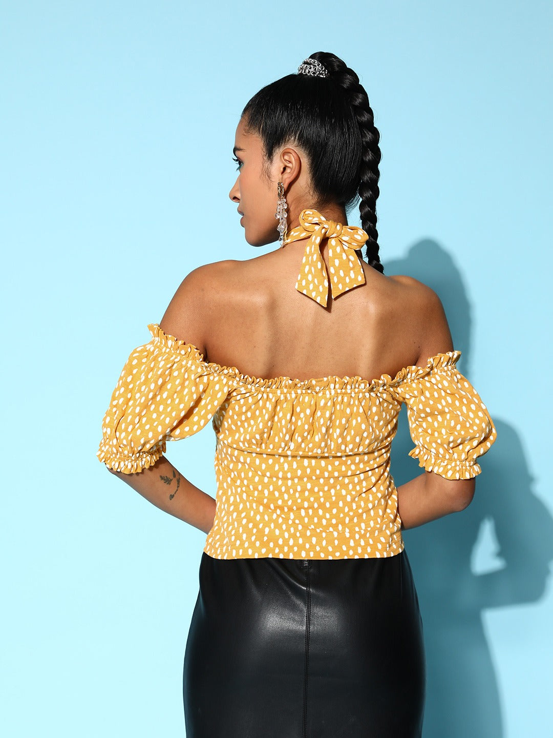 Berrylush Women Yellow & White Polka Dot Printed Halter Neck Cold-Shoulder Ruffled Regular Top