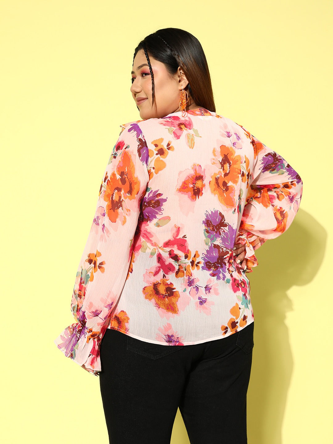 Berrylush Women Plus Size Pink Floral Printed V-Neck Button-Up Chiffon Ruffled Regular Top