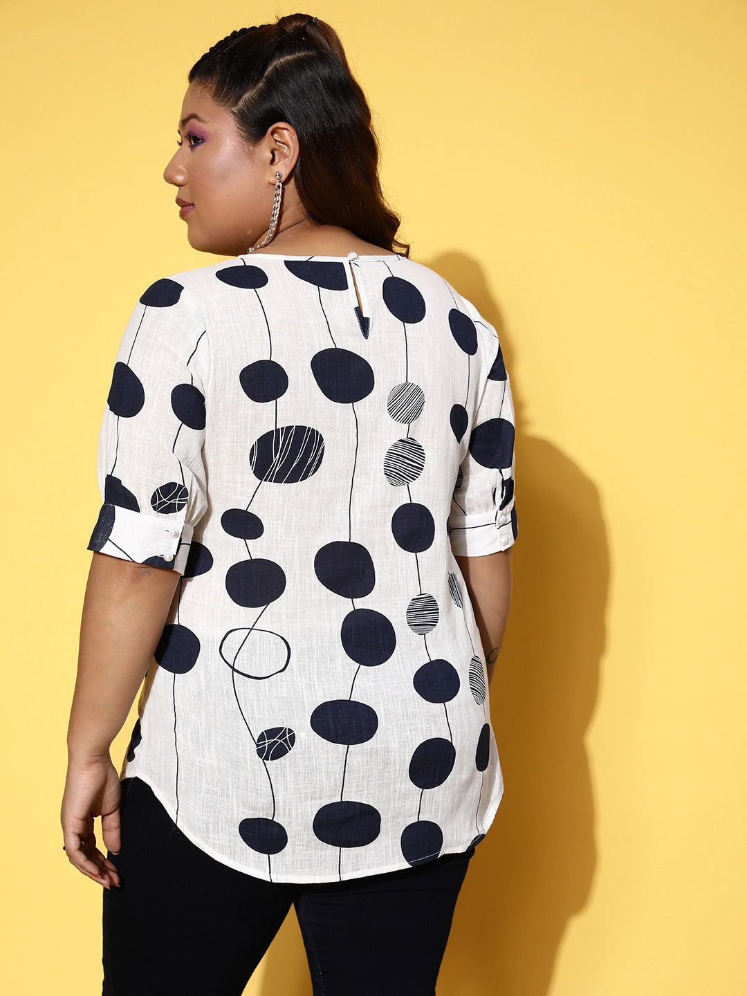 Women Plus Size White & Black Geometric Printed Round Neck Woven Cotton  Regular Top - Berrylush