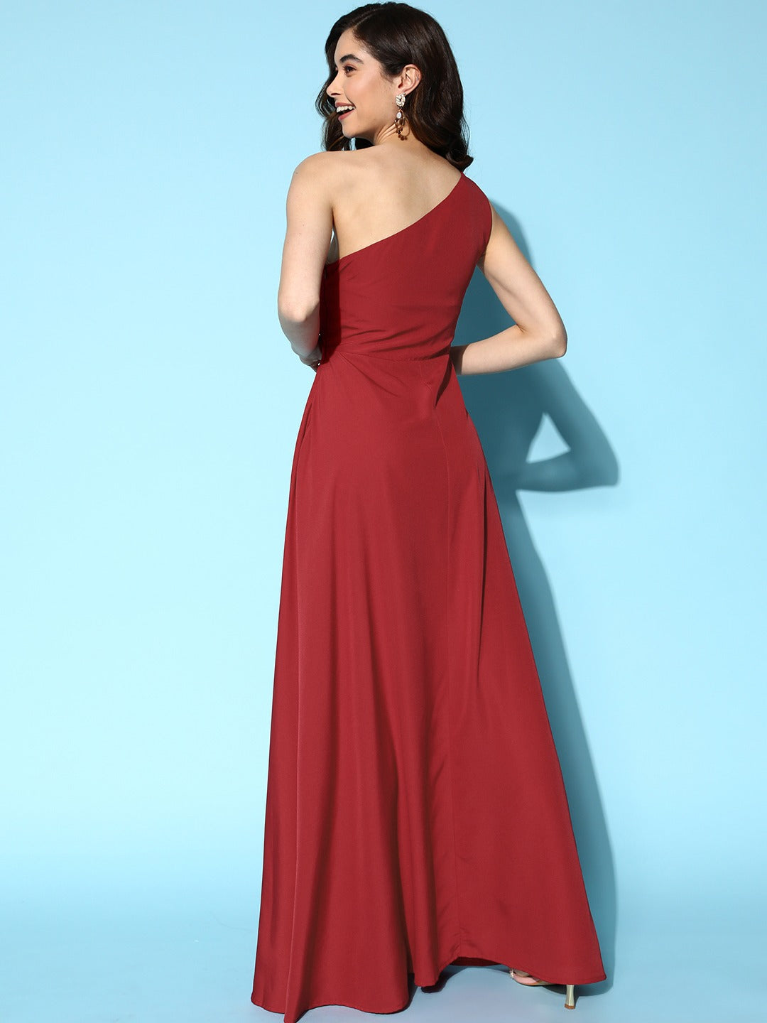 Berrylush Women Solid Red One-Shoulder Neck Thigh-High Slit Flared Maxi Dress