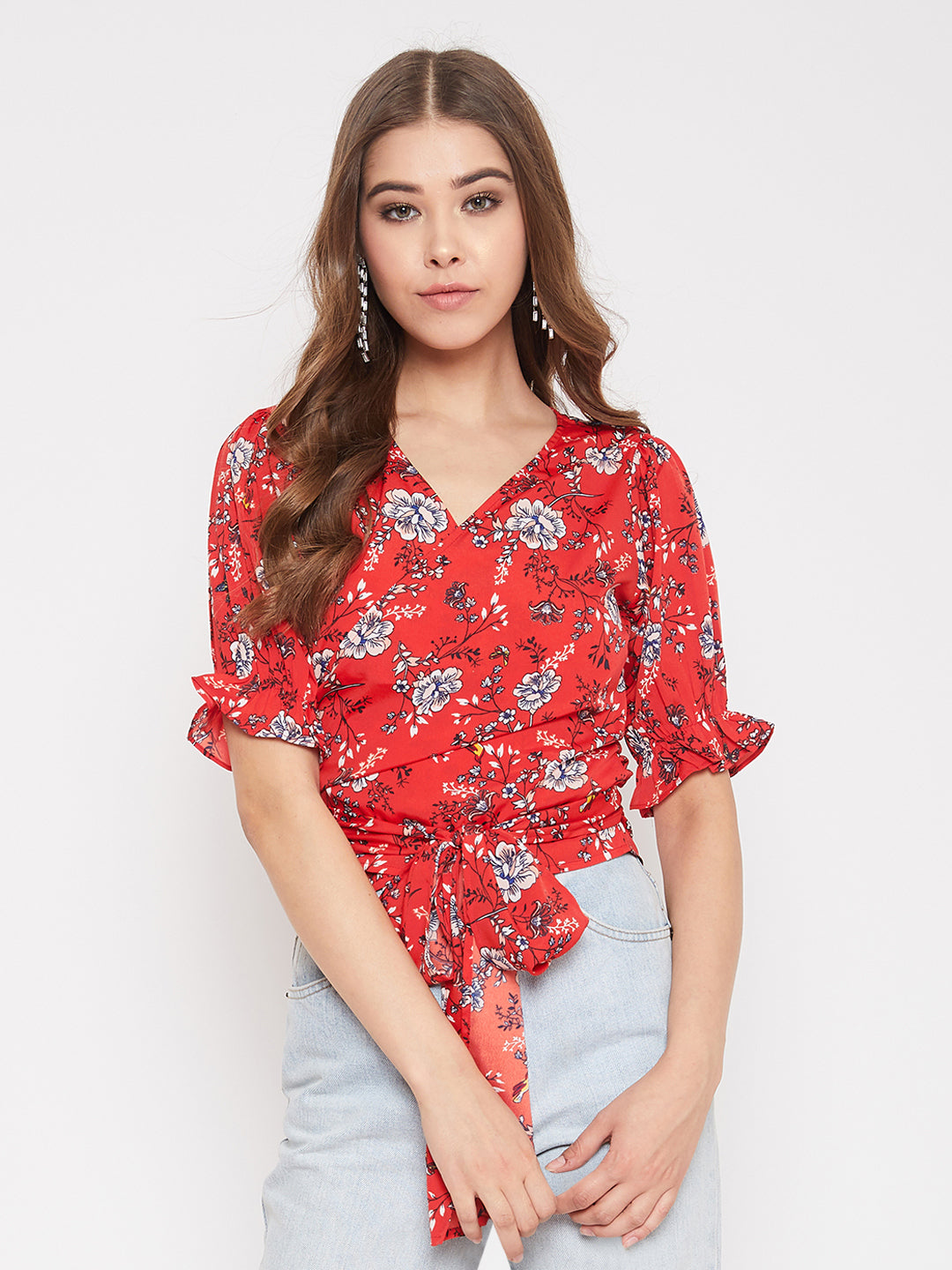 Berrylush Women Red & White Floral Printed V-Neck Tie-Up Knot Wrap Top