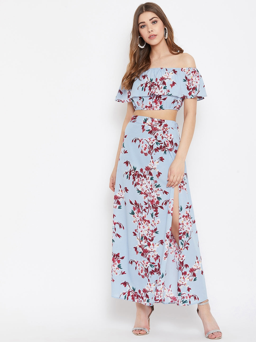 Berrylush Women Blue Floral Printed Off-Shoulder Thigh-High Slit Co-Ordinate Maxi Dress