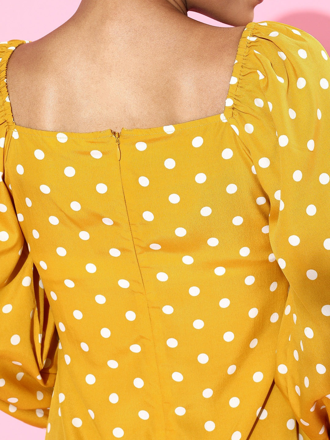 Berrylush Women Yellow Polka Dot Printed Tie-Up Sweetheart Neck Flared