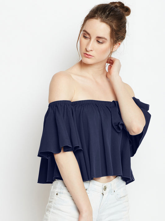 Berrylush Women Solid Blue Off-Shoulder Neck Ruffled Crop Bardot Top