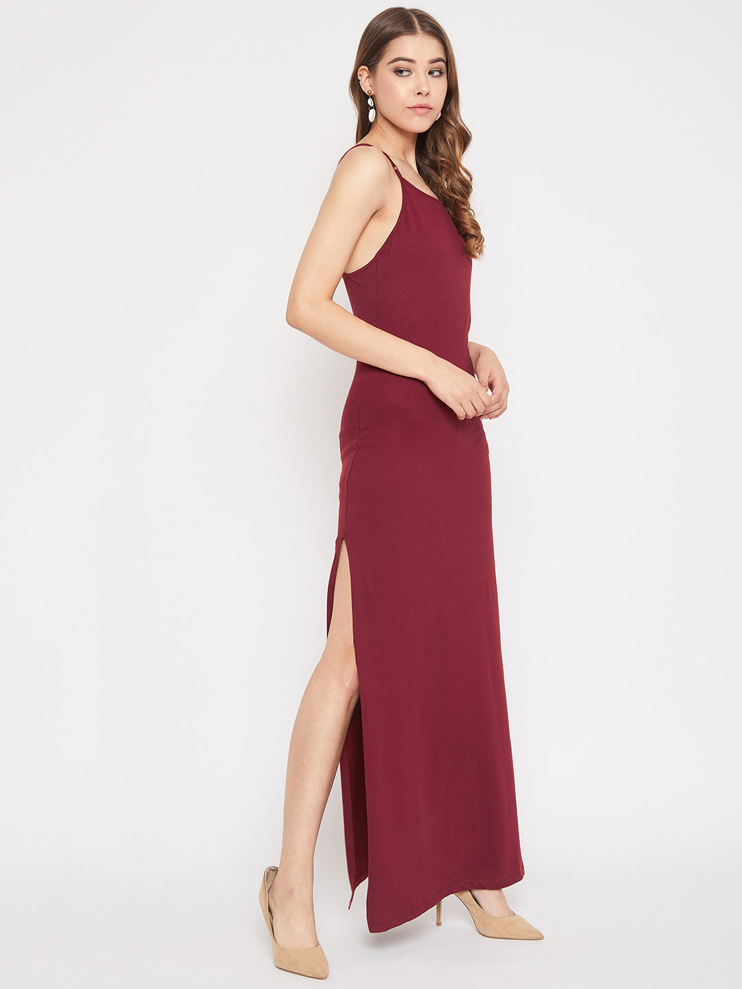 Berrylush Women Solid Maroon Round-Neck Thigh-High Slit Maxi Dress