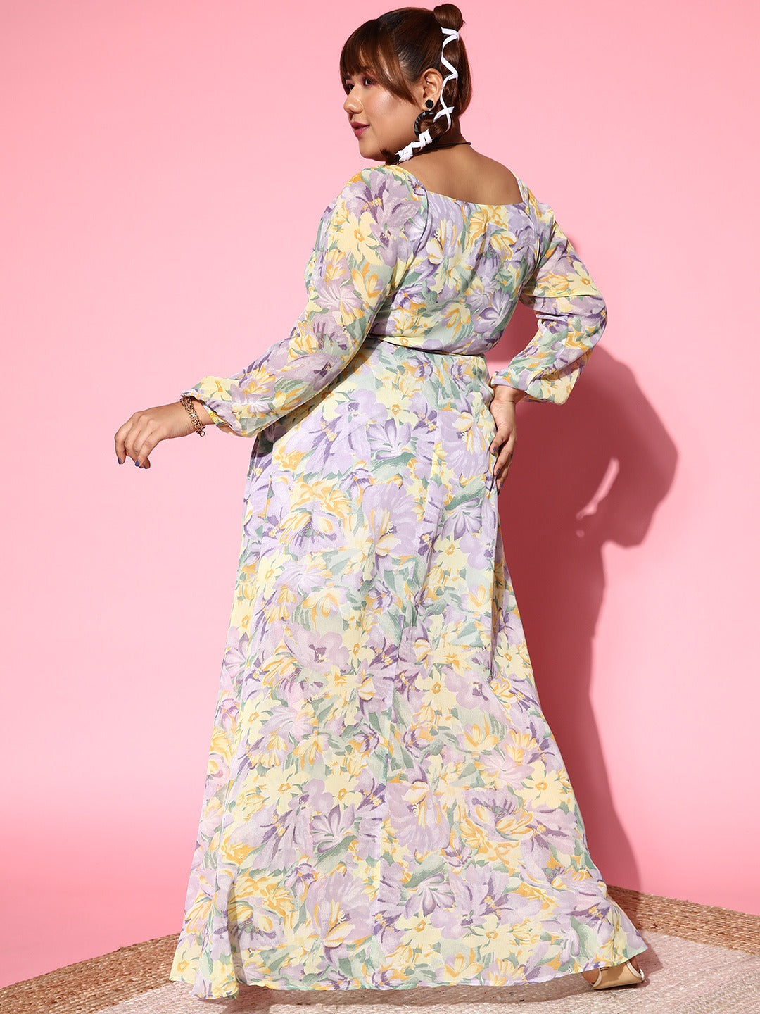 Berrylush Women Plus Size Lavender & Yellow Floral Printed V-Neck Wais