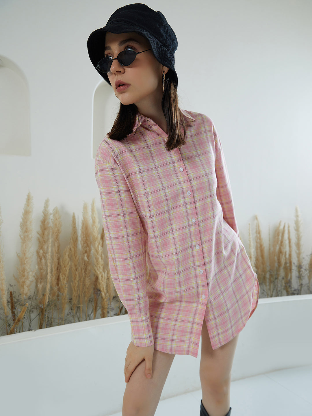 Berrylush Women Pink & White Checked Pattern Collar Neck Crepe Button-Up High-Low Shirt Style Mini Dress
