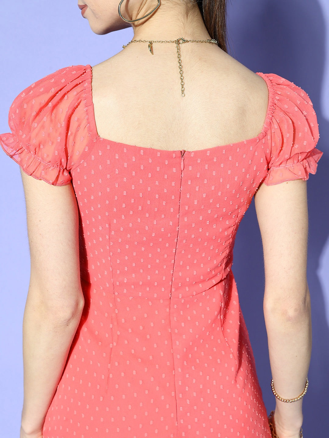 Berrylush Women Solid Red Dobby Weave Sweetheart Neck Georgette Flounce Hem Ruffled A-Line Mini Dress