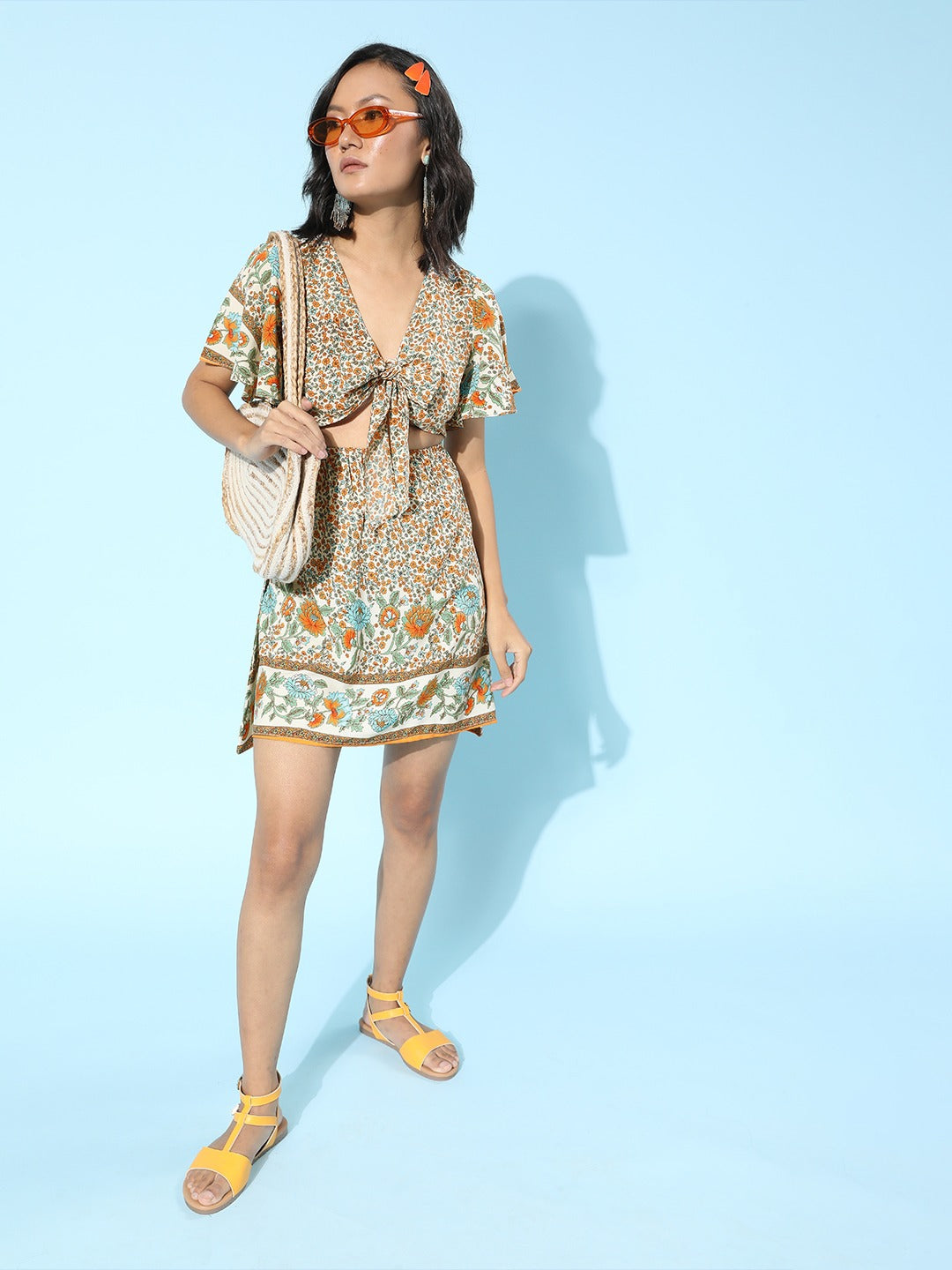 Berrylush Women White & Tan Floral Printed V-Neck Front Tie-Knot Flared A-Line Mini Dress