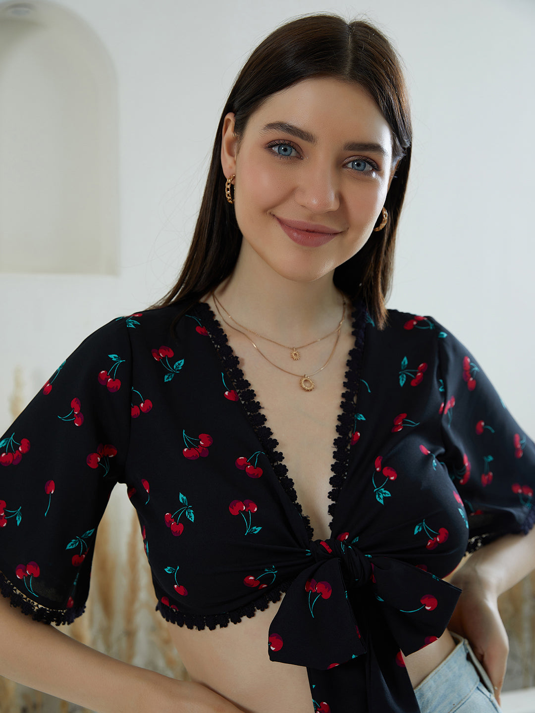 Berrylush Women Black & Red Cherry Printed V-Neck Lace Waist Tie-Up Shirt-Styled Crop Top