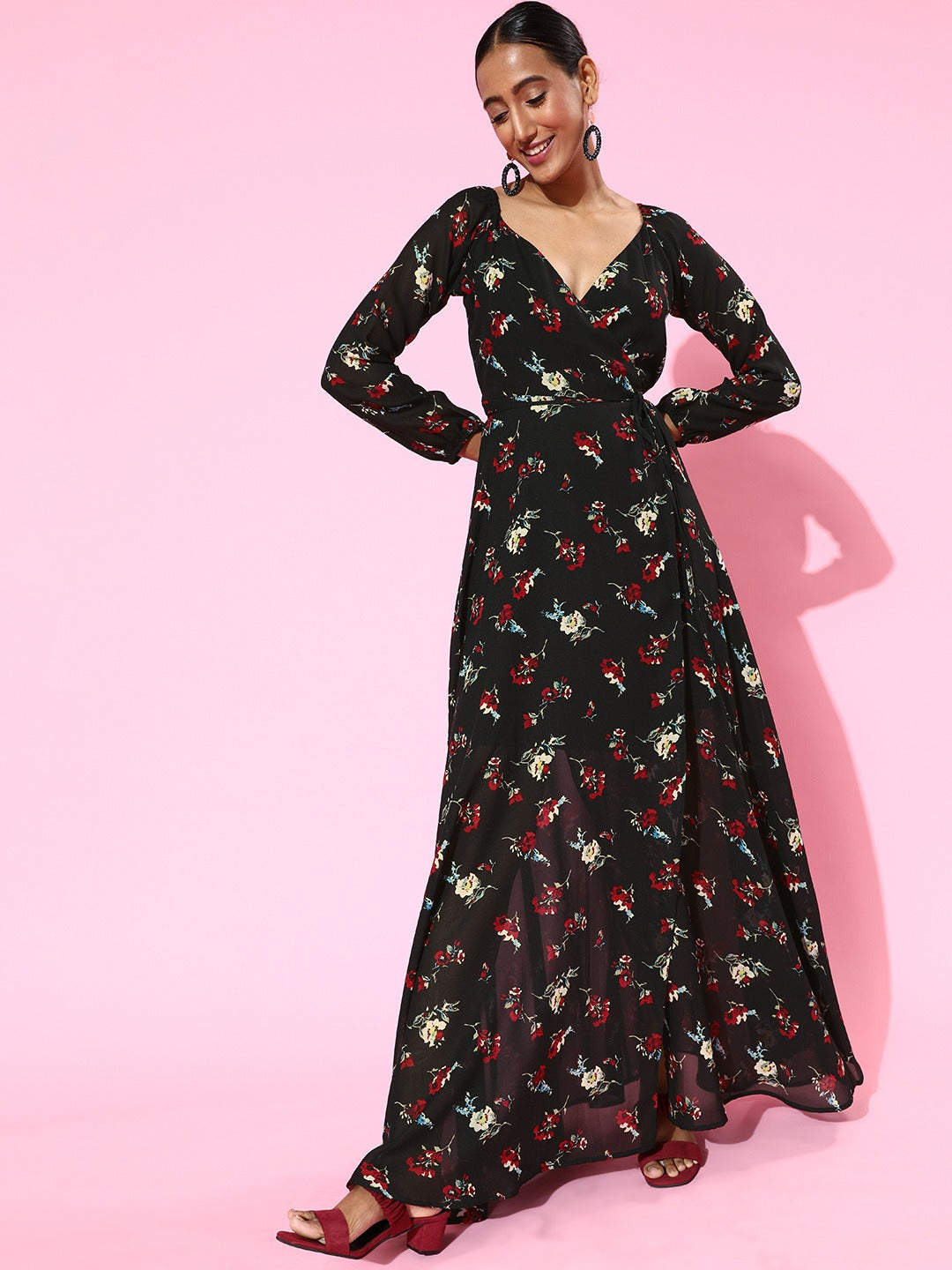 Berrylush Women Black Floral Printed V-Neck Waist Tie-Up Flared Wrap Maxi Dress