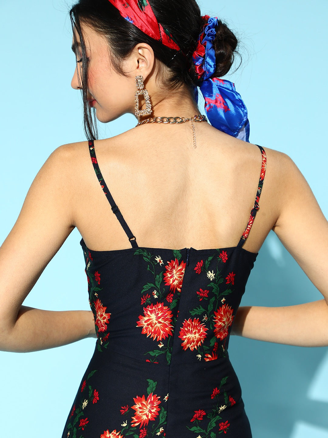 Berrylush Women Navy Blue & Red Floral Printed Square Neck Crepe Flared A-Line Mini Dress