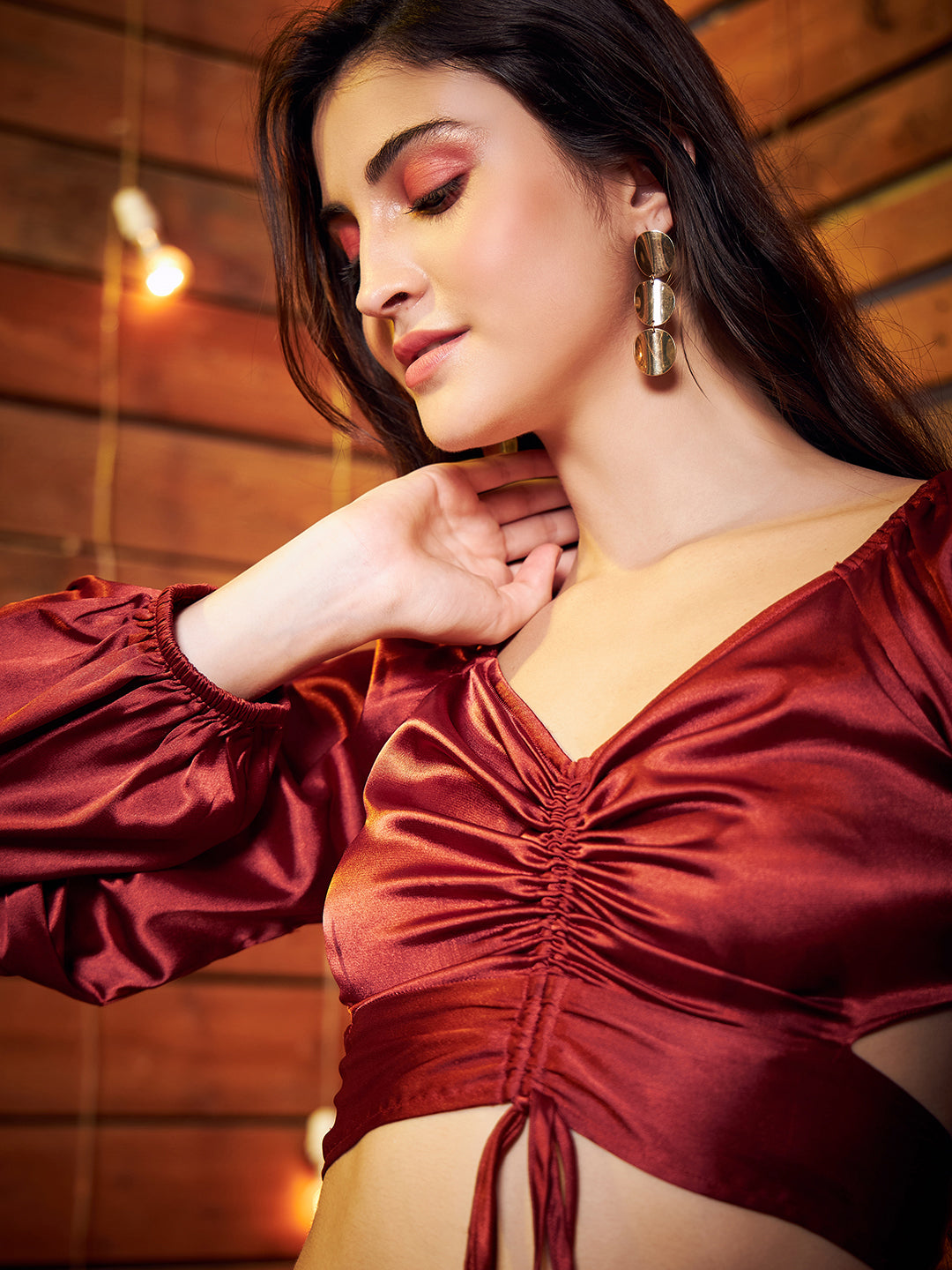 Women Solid Brown Sweetheart Neck Bishop Sleeve Back Tie-Up Cutout