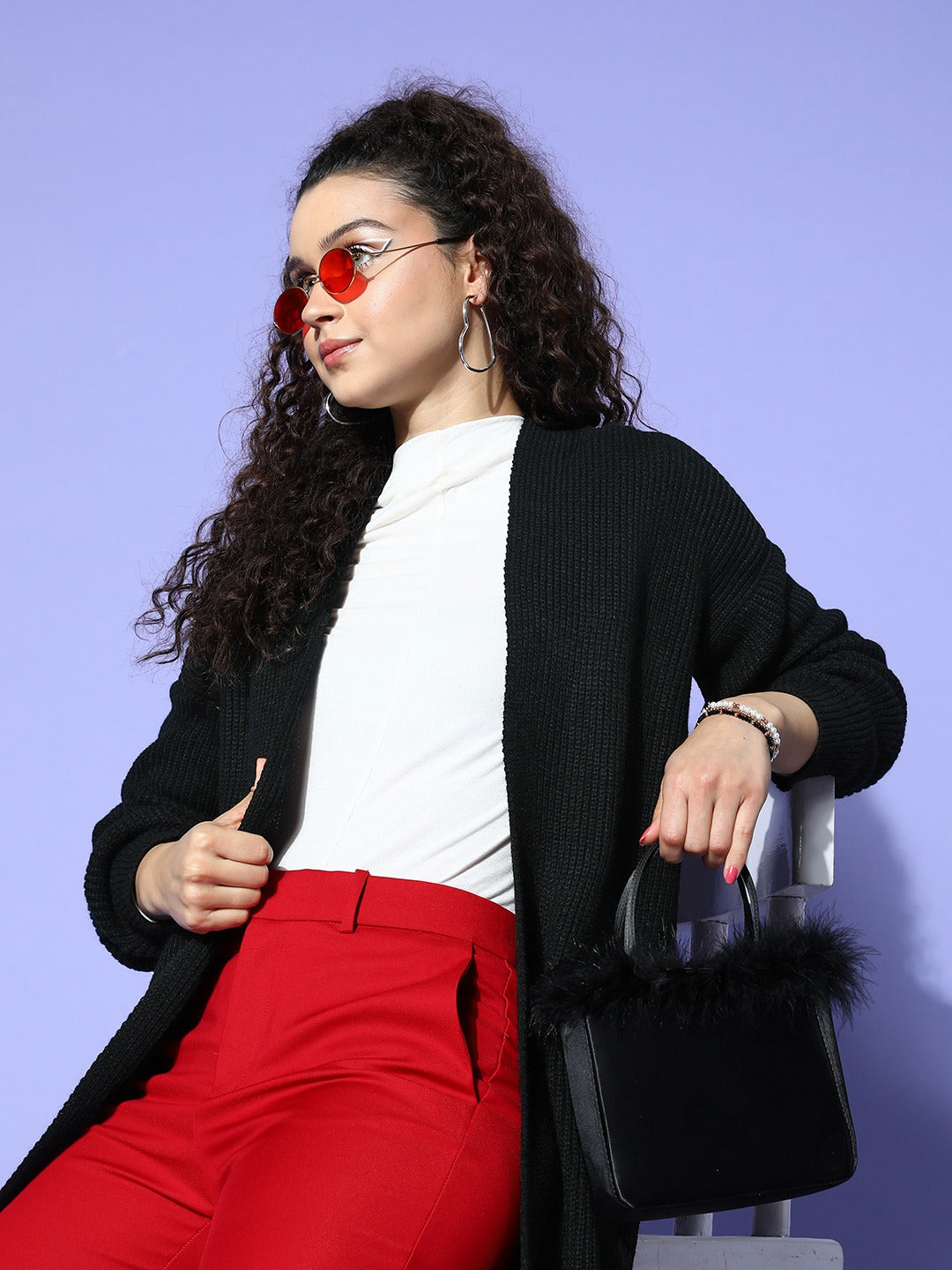 Berrylush Women Solid Black V-Neck Drop-Shoulder Sleeves Open-Front Acrylic Straight Hem Longline Sweater