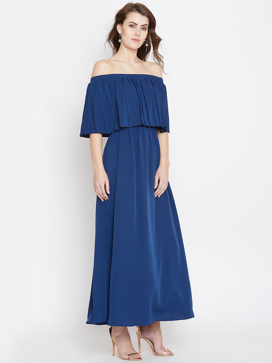 Blue Solid Off-Shoulder Layered Maxi Dress - Berrylush