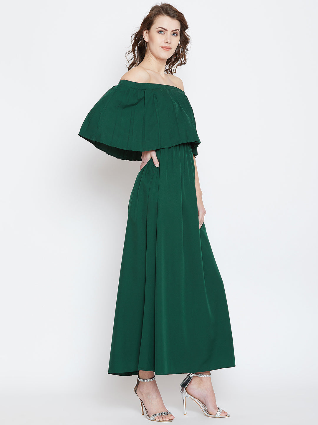 Berrylush Women Solid Green Off-Shoulder Neck Flared Sleeve Pleated Ma Berrylush Women Solid Green Off-Shoulder Neck Flared Sleeve Pleated Ma