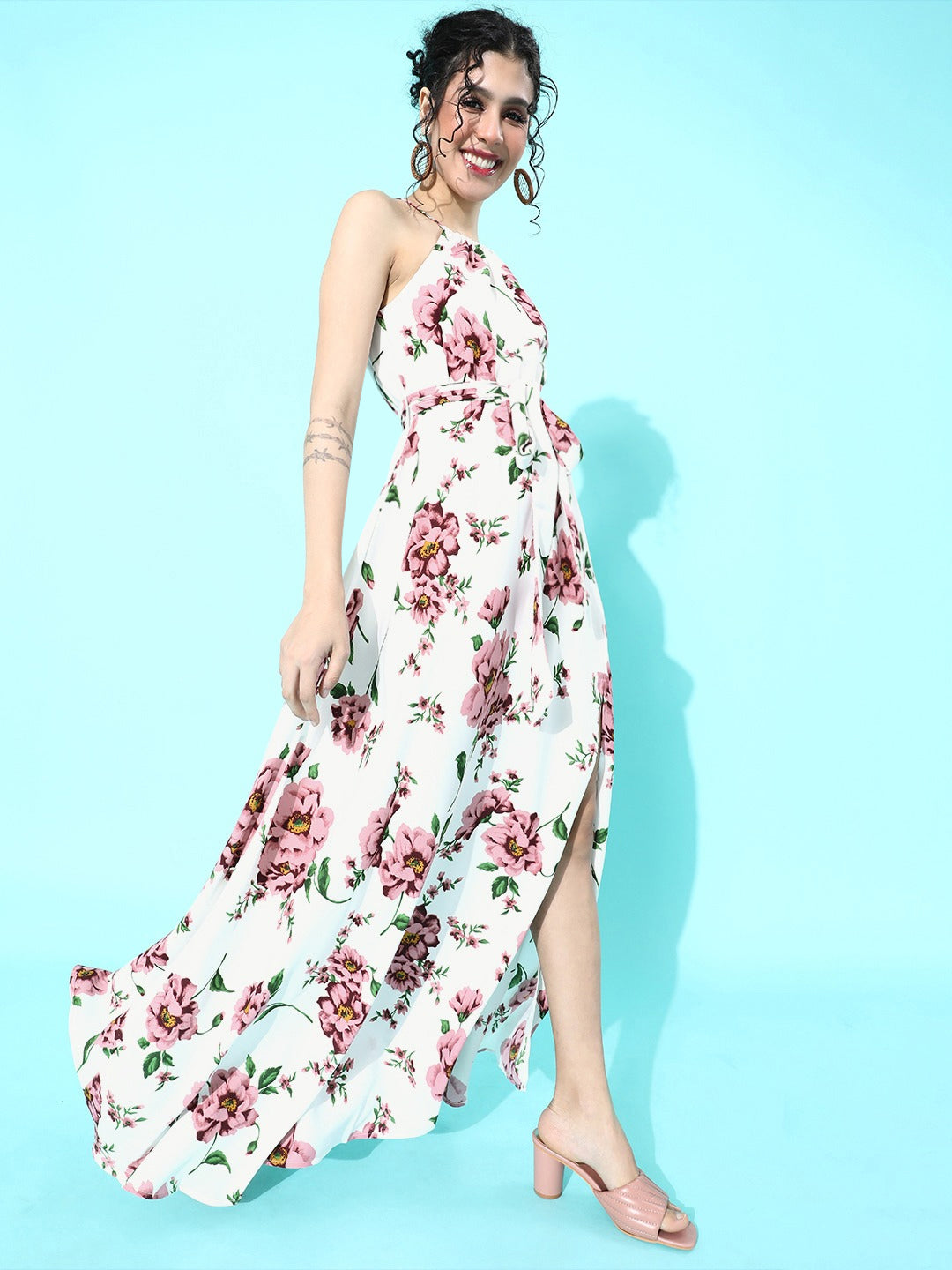 Berrylush Women White Floral Halter Neck Belted Split Thigh Maxi Dress
