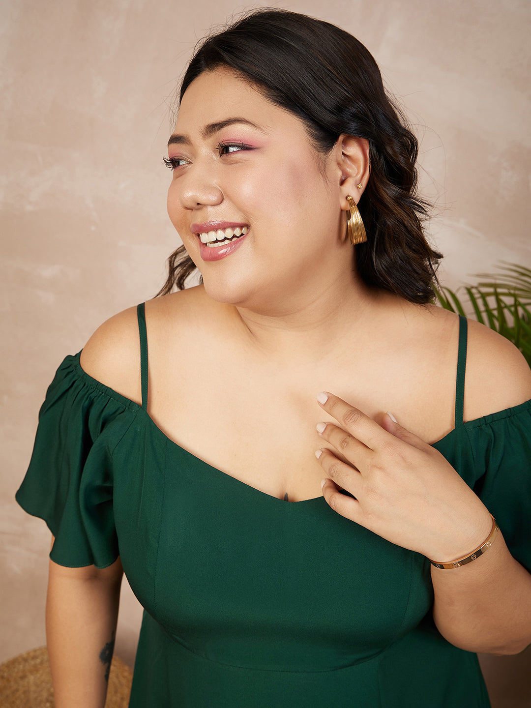 Women Plus Size Solid Green Off-Shoulder Neck Cold-Shoulder Sleeve