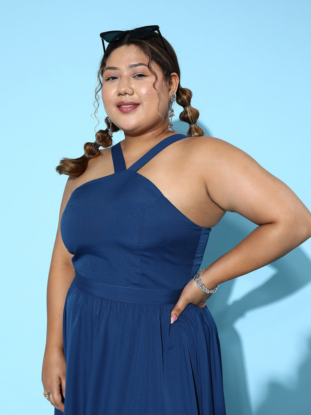 Women Plus Size Solid Blue Halter Neck Sleeveless Zipper-Up Pleated A-Line Maxi Dress - Berrylush Women Plus Size Solid Blue Halter Neck Sleeveless Zipper-Up Pleated A-Line Maxi Dress - Berrylush