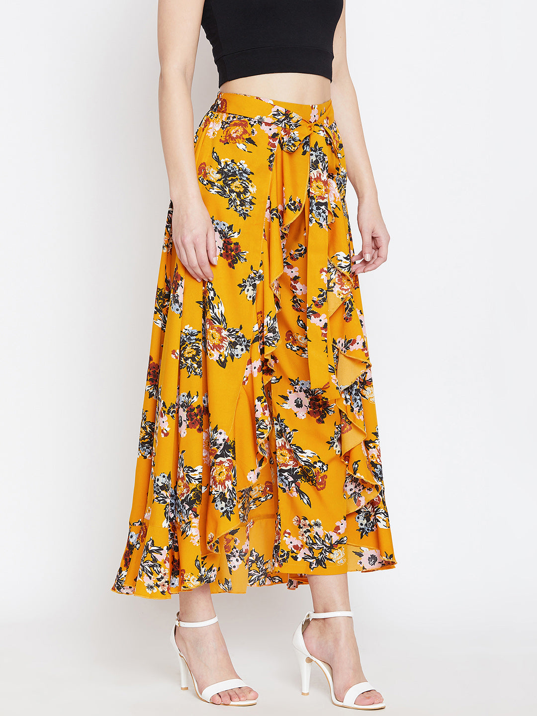 Mustard Yellow Printed Flared Maxi Skirt - Berrylush