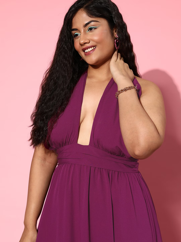 Women Plus Size Solid Purple Halter Neck Sleeveless Front Cutout Flared Maxi Dress - Berrylush Women Plus Size Solid Purple Halter Neck Sleeveless Front Cutout Flared Maxi Dress - Berrylush