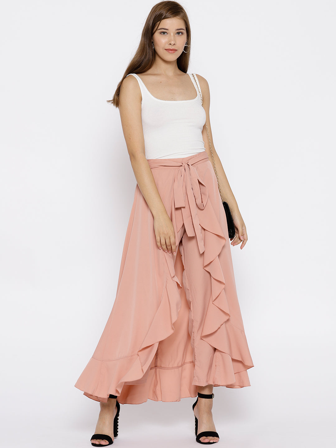 Dusty Pink Solid Ruffled Maxi Skirt with Attached Trousers - Berrylush