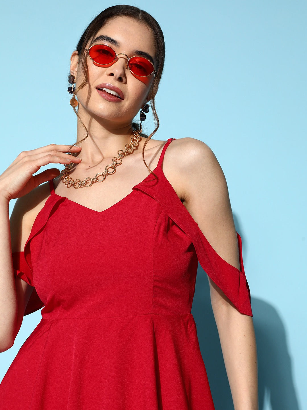 Berrylush Women Solid Red V-Neck Cold-Shoulder Flounce Hem Layered A-Line Maxi Dress