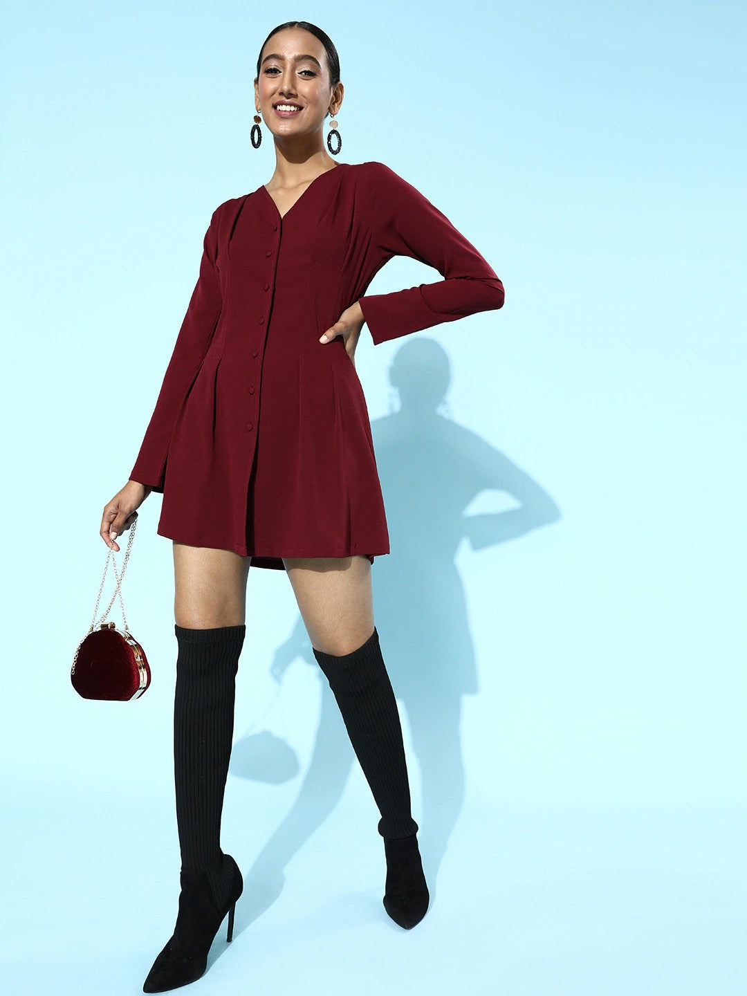 Berrylush Women Solid Maroon V-Neck Front Button-Up Flared Mini Shirt Dress