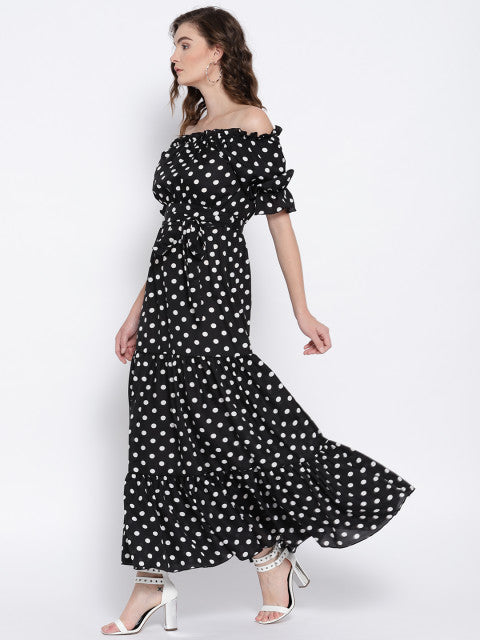 Black & White Polka Dot Off-Shoulder Maxi Dress - Berrylush