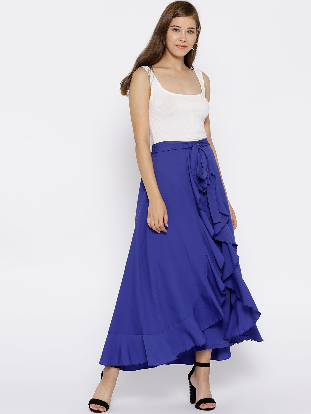 Blue Solid Ruffled Flared Maxi Skirt with Attached Trousers - Berrylush