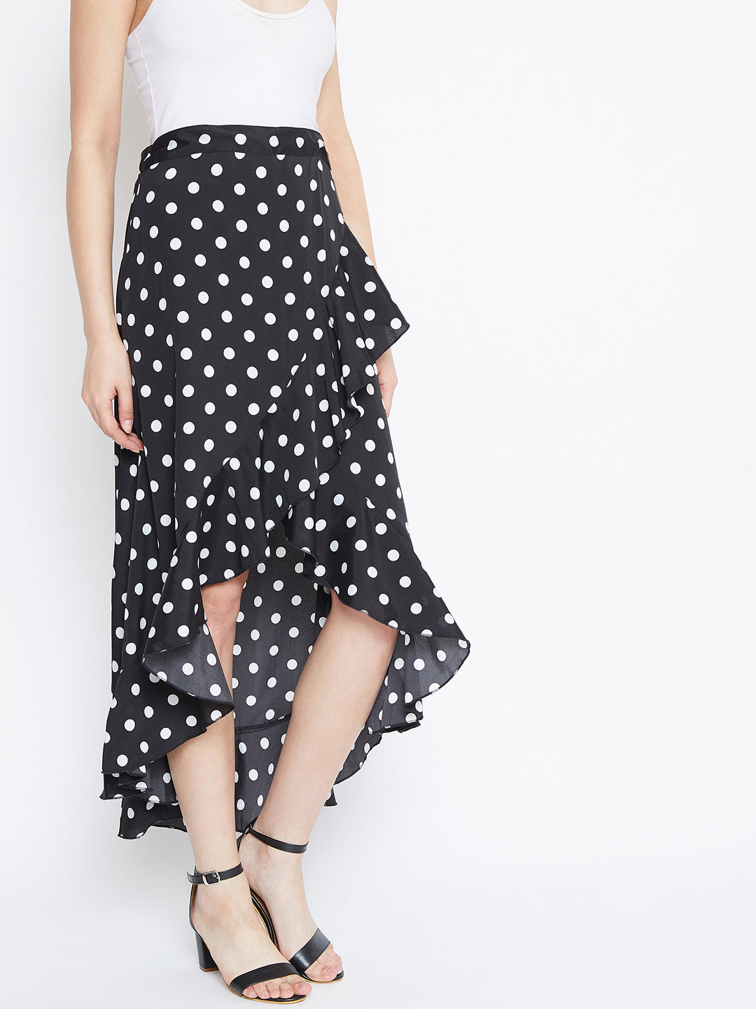 Berrylush Women Black Polka Dot Print Ruffled Wrap Midi Skirt